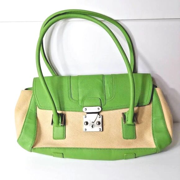 Antonio Melani Handbags - Antonio Melani Womens Shoulder Bag Green Ivory Leather Trim  W/ Magnetic Flap